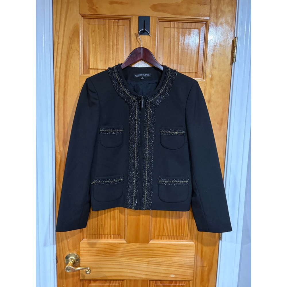 Albert Nipon Black Tweed Trim Wool Blend Jacket Size 12 Classic Bouclé Evening B